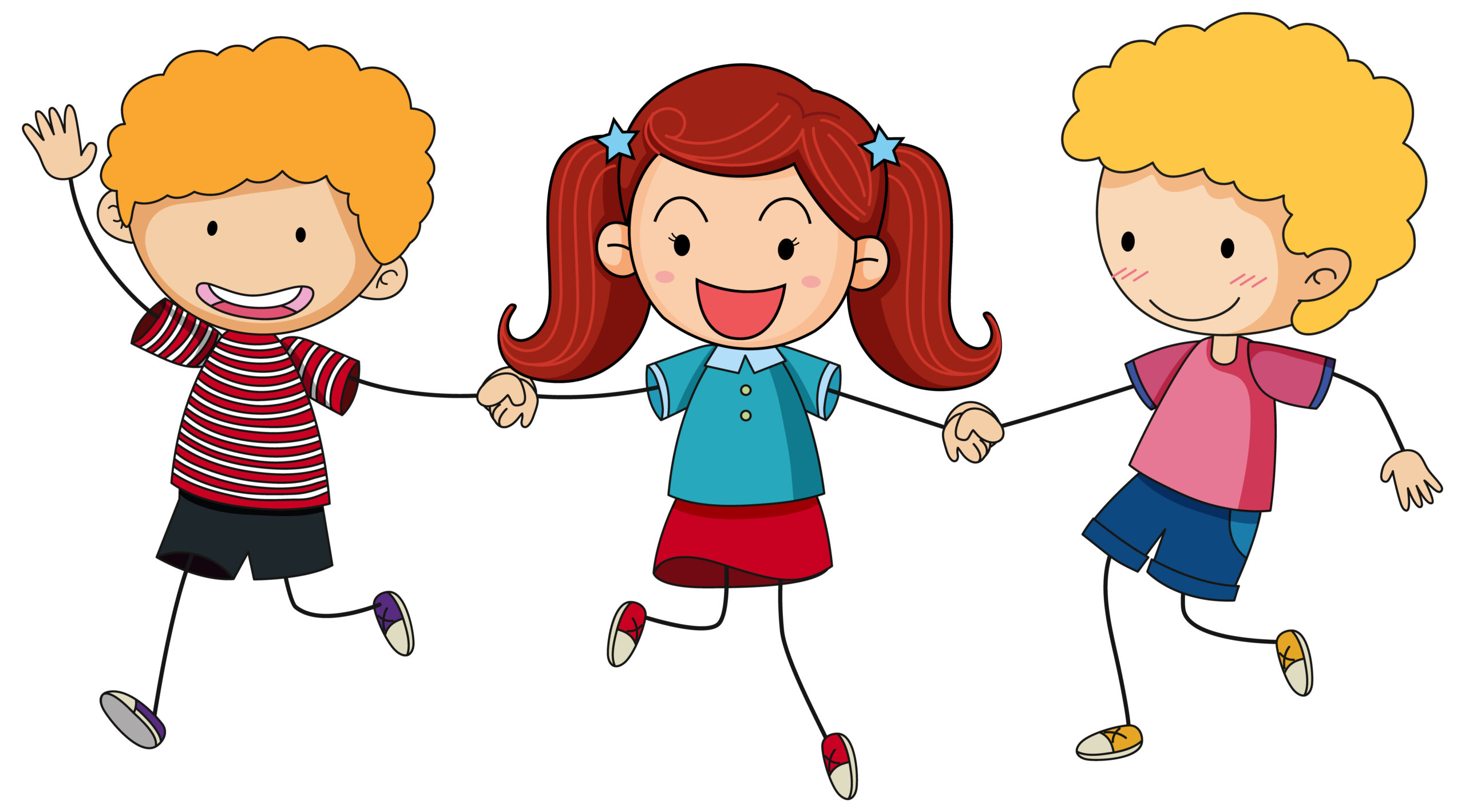 Grafika przedstawia troję uśmiechniętych i podskakujących dzieci w letnich ubraniach. Dziewczynka w dwóch kitkach znajduje się w środku a po bokach dwoje blond chłopców.