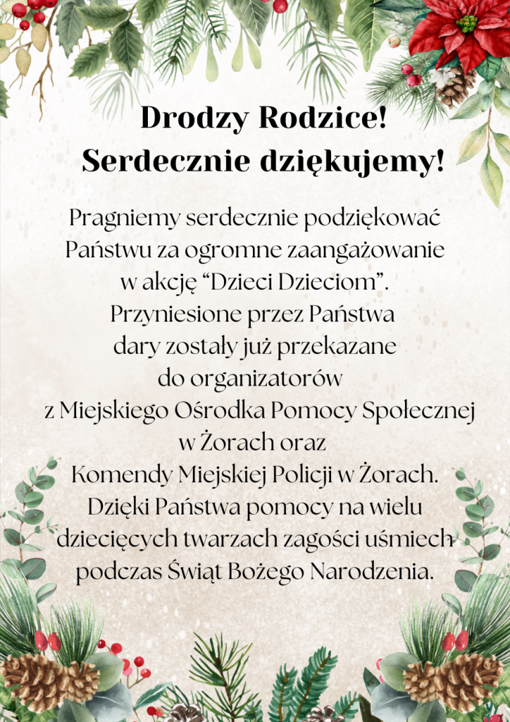 Podziękowanie dla Rodziców za udział w akcji charytatywnej